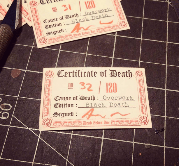 Karoshi San Black Death Convention Edition By Andrew Bell death cert