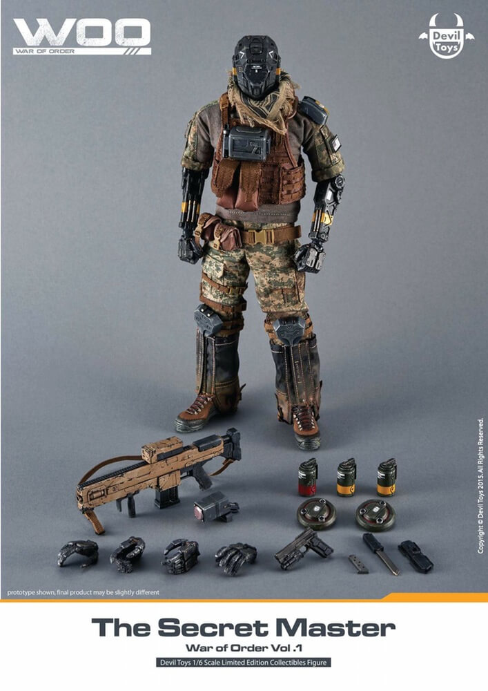 SUVB is proud to be the official UK distributor of Devil Toys. WOO-War of (new)Order is a sci-fi story based on mysticism. In the year 2047, at a time when the world is at the brink of World War III, countries around the world are utilizing mercenary and high-tech companies to participate in this full scale advance warfare. War of Order: Vol 1 - The Secret Master 1/6 Scale Limited Edition Collectible Figure - Body with over 35 points of articulations (Normal human body) - Approximately 31 cm tall - Six (6) pieces of interchangeable gloved palms included Weapons: - One (1) Machine gun - One (1) Hand gun Accessories: - One (1) Shoulder-fired micro missile - One (1) Survival knife with Pouch - One (1) Land mine - Four (4) Grenade Bonus Parts - One (1) Head of Secret Trooper Product Number: DVT10000 Shipping Weight: 3.02 pounds Preorder of the fantastic Secret Master figure is live now and will be shipping early 2016. preorder for just £5 and pay the remainder before shipping. Total price £160 + £5 P&P (covered by Preorder payment) Limited to 7 initially - get this sold out figure only from SUVB.