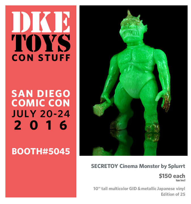 Joe Merrill creator of SPLURRT and SECRETOY has created this special edition for San Diego Comic Con. This 10" tall sofubi figure (Japanese vinyl) is a marble mix of green and glow vinyl with metallic flake added. Edition of 25. Bagged with header card. $150 tax included. Twitter and Instagram @splurrt 