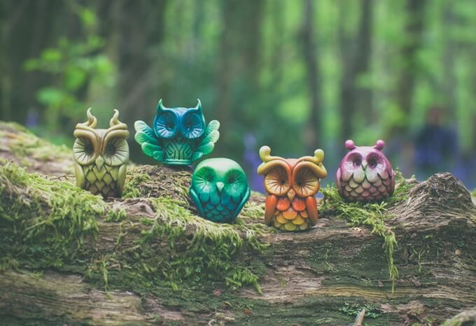 5 Muju mini Cosmic Owl Sculptures