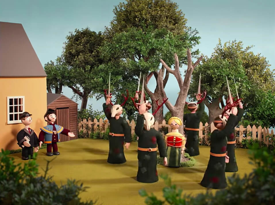 Video screen shot of the scene from Radiohead's Music video "Burn The Witch"